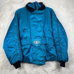 VINTAGE 80s Polaris Snowmobile Racing Jacket Women Medium Blue Made in USA